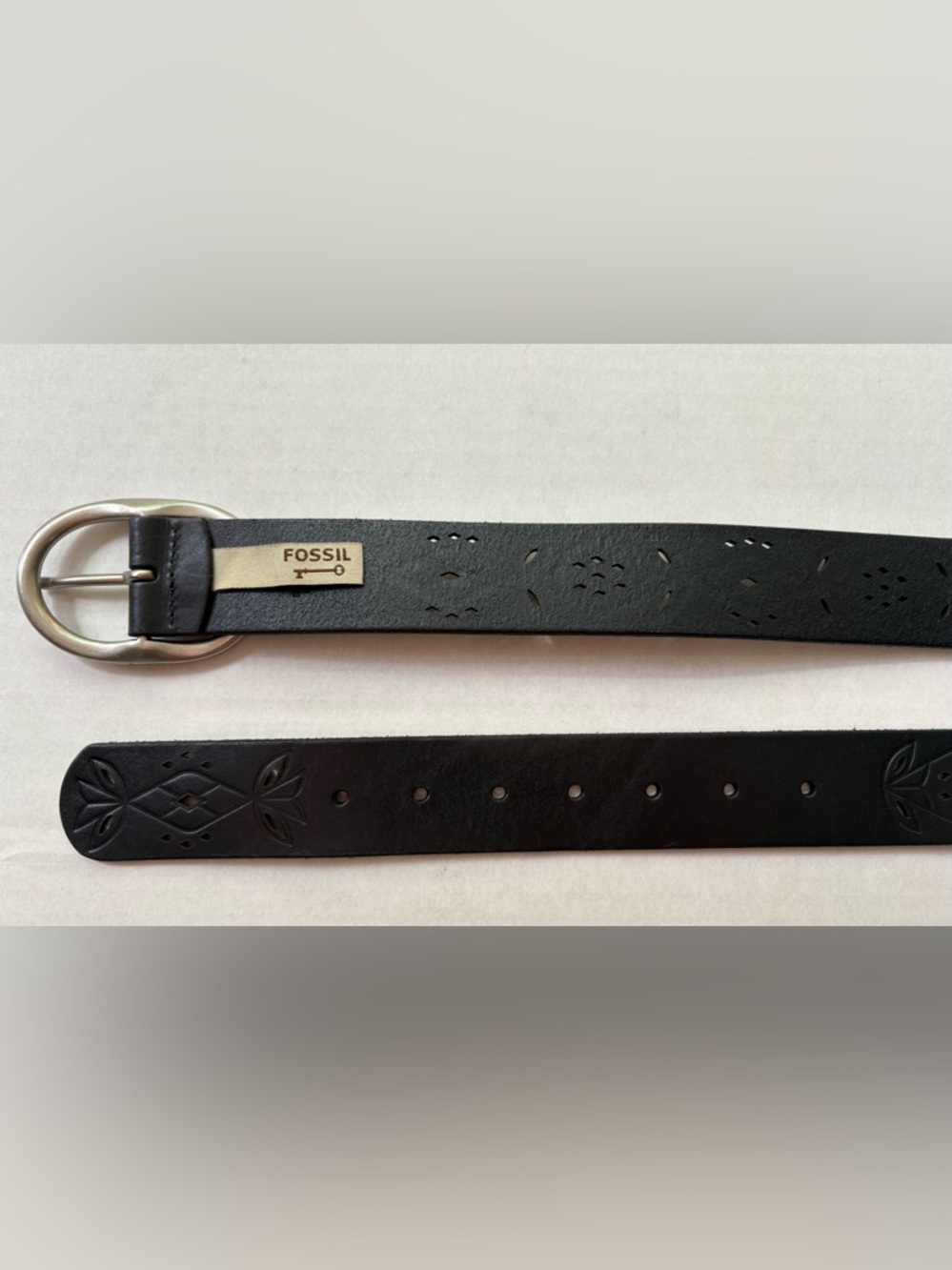 Fossil Black Leather Belt - Boho Perforated Geometric Design - Size M Y2K